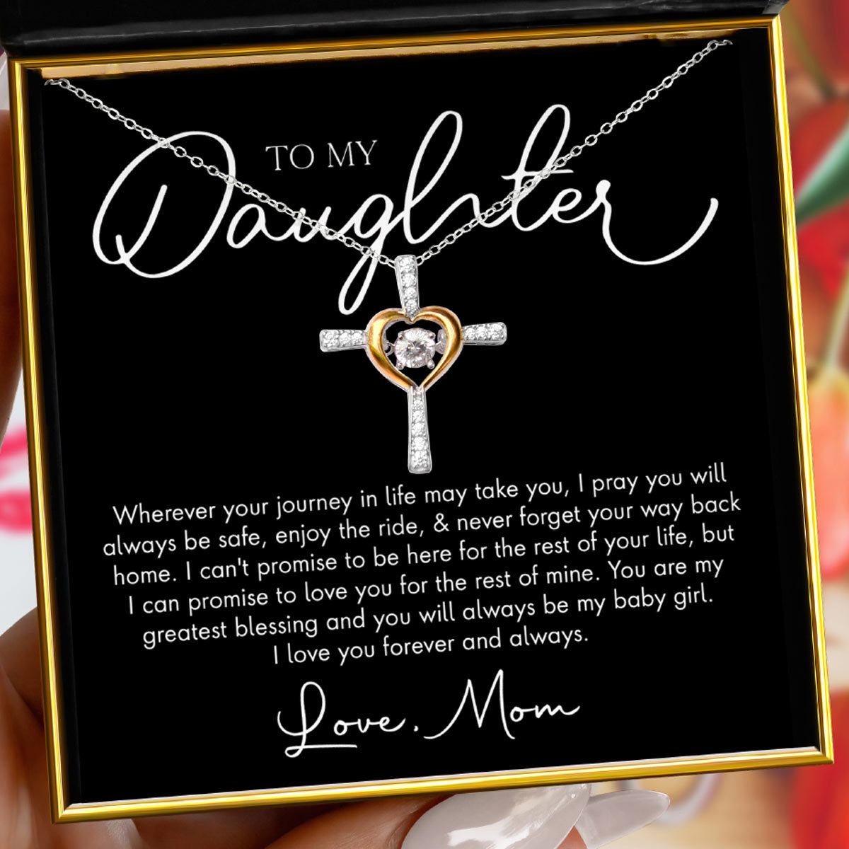 To My Daughter, Love Mom - Dancing Crystal Heart Cross Necklace Gift Set
