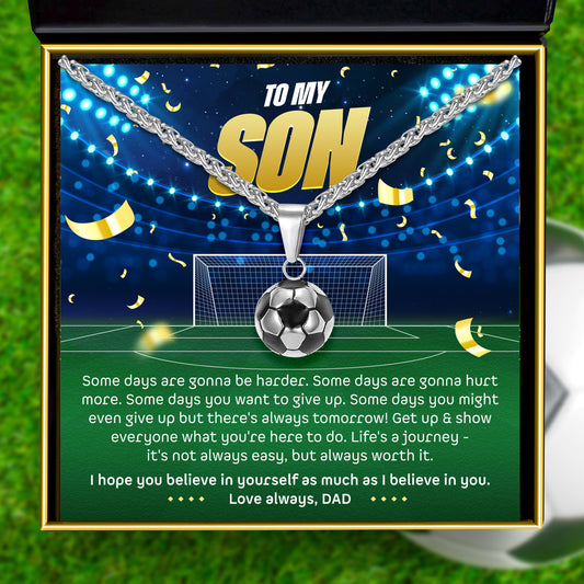 To My Son, Love Dad (Motivational Sports Card) - Soccer/ Football Necklace Gift Set