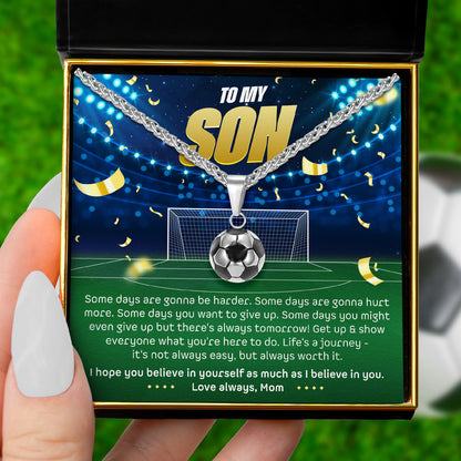 To My Son, Love Mom (Motivational Sports Card) - Soccer/ Football Necklace Gift Set