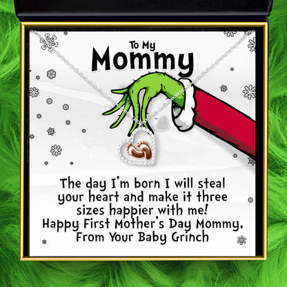 To My Mommy, First Mother’s Day (Baby Grinch) - Baby Feet Heart Necklace Gift Set