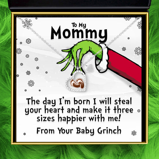 To My Mommy, the Day I'm Born (Baby Grinch) - Baby Feet Heart Necklace Gift Set