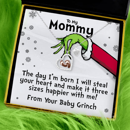 To My Mommy, the Day I'm Born (Baby Grinch) - Baby Feet Heart Necklace Gift Set