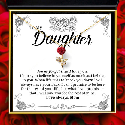 To My Daughter. Never Forget (From Mom) - Red Rose Necklace Gift Set