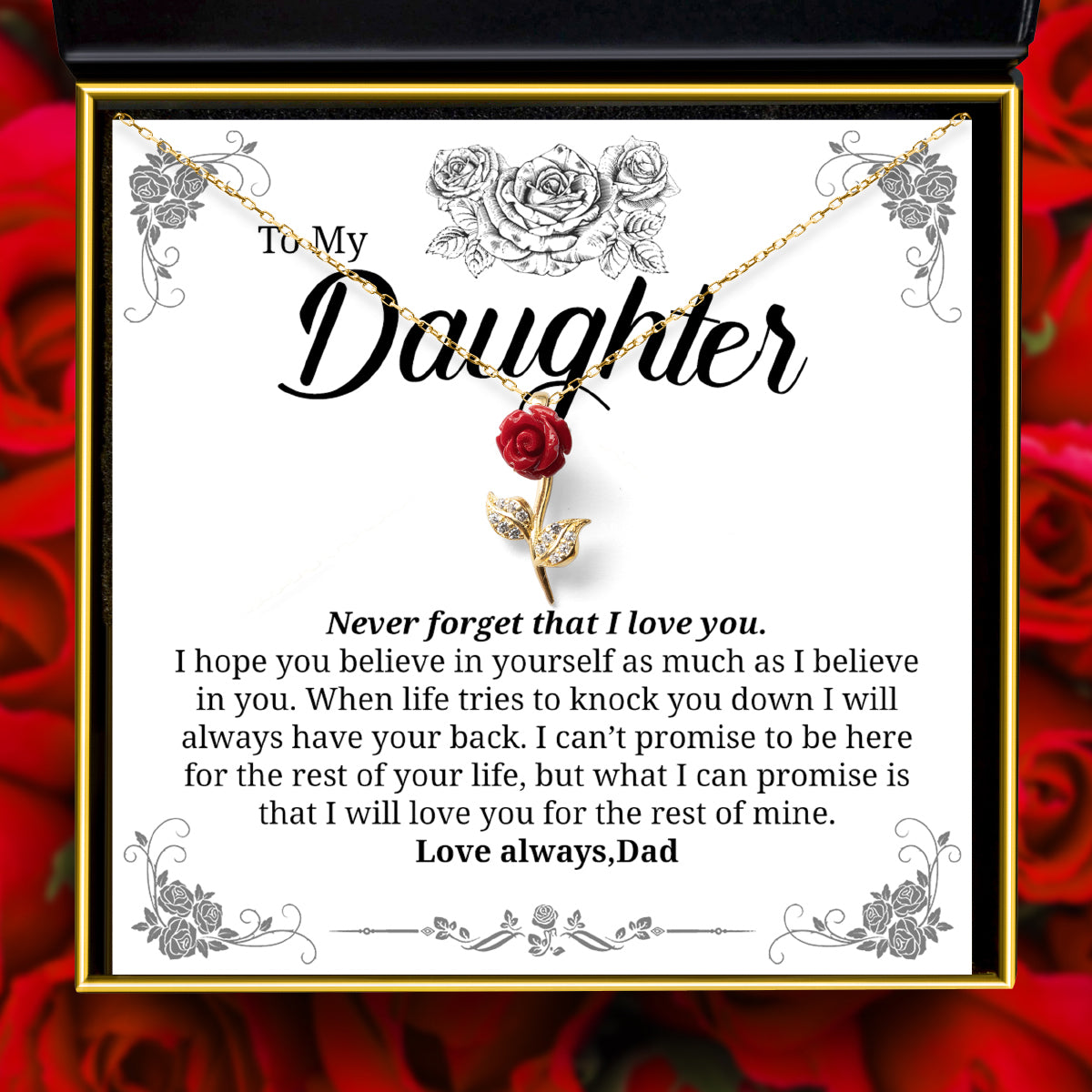To My Daughter. Never Forget (From Dad) - Red Rose Necklace Gift Set