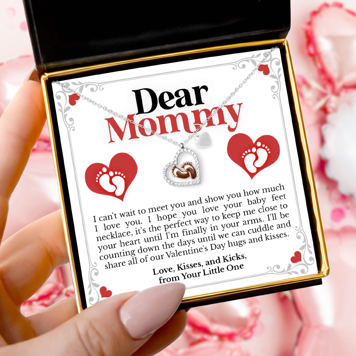 Dear Mommy, I Can't Wait to Meet You (Valentine's Day Card) - Baby Feet Heart Necklace Gift Set