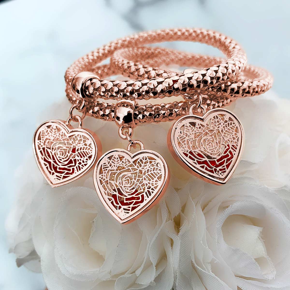 3 Sets of Blush Gold Rose Charm Bracelets