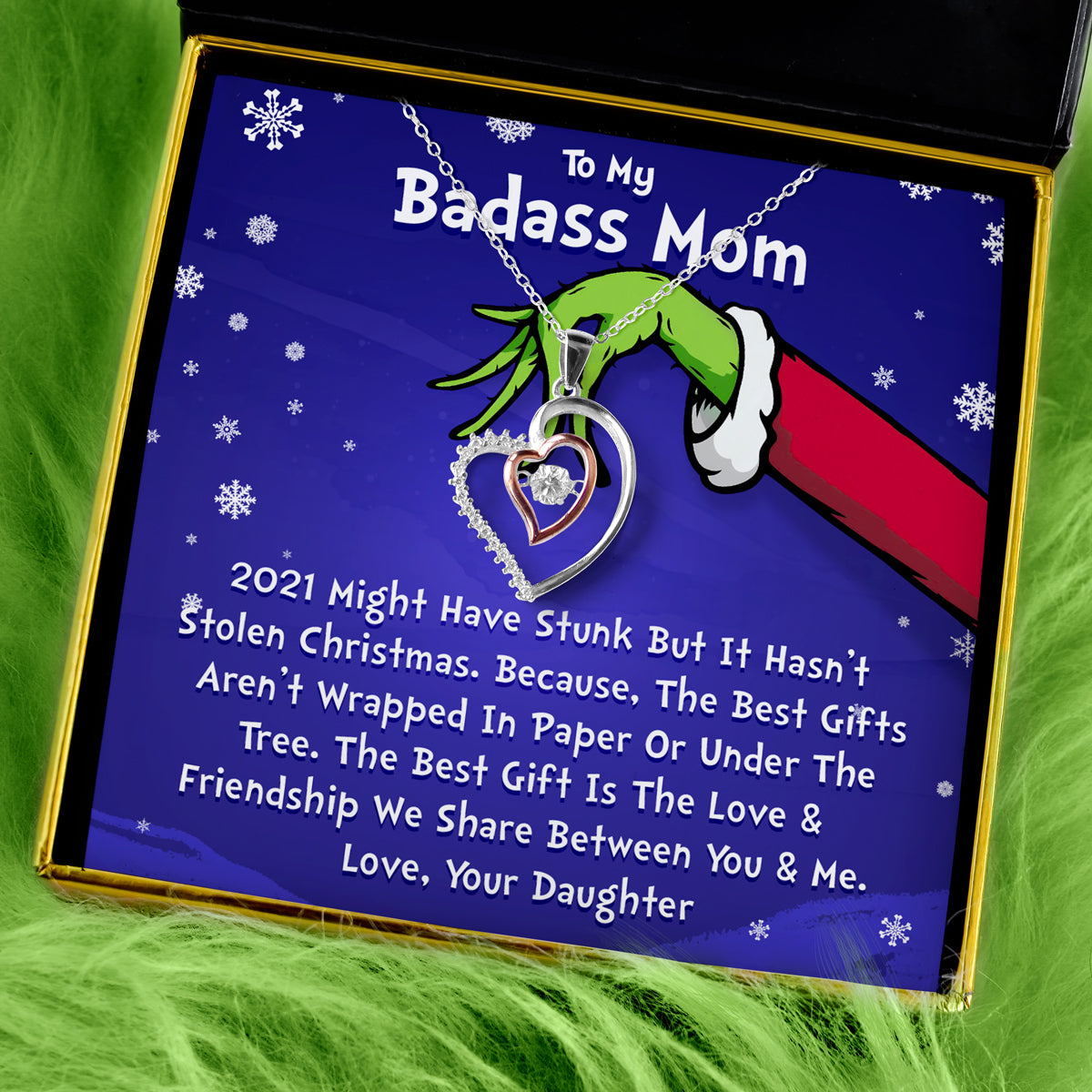 To My Badass Mom (Grinch Card) - Luxe Heart Necklace Gift Set