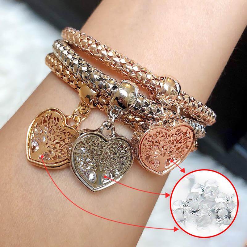 3 Sets of Tree of Life Heart Edition Charm Bracelet with Austrian Crystals